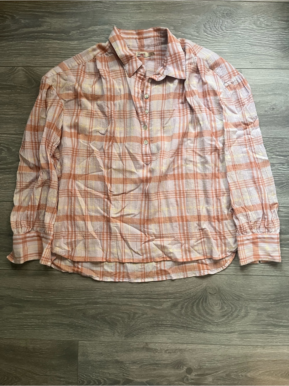 Faherty Purple Orange Plaid Long Sleeve Henley Collar Organic Cotton Blend L